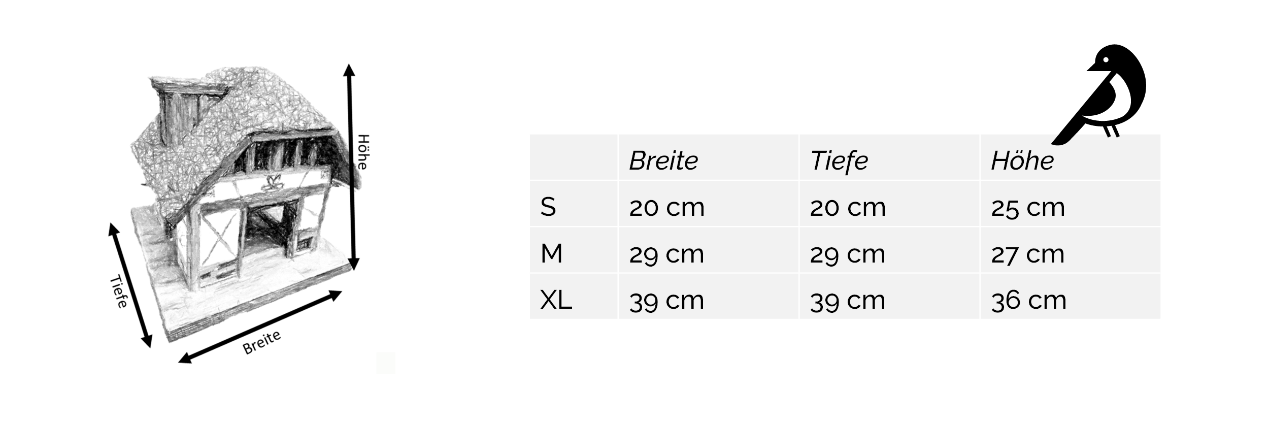 Bemaßung in cm Futterhaus in 3 Größen